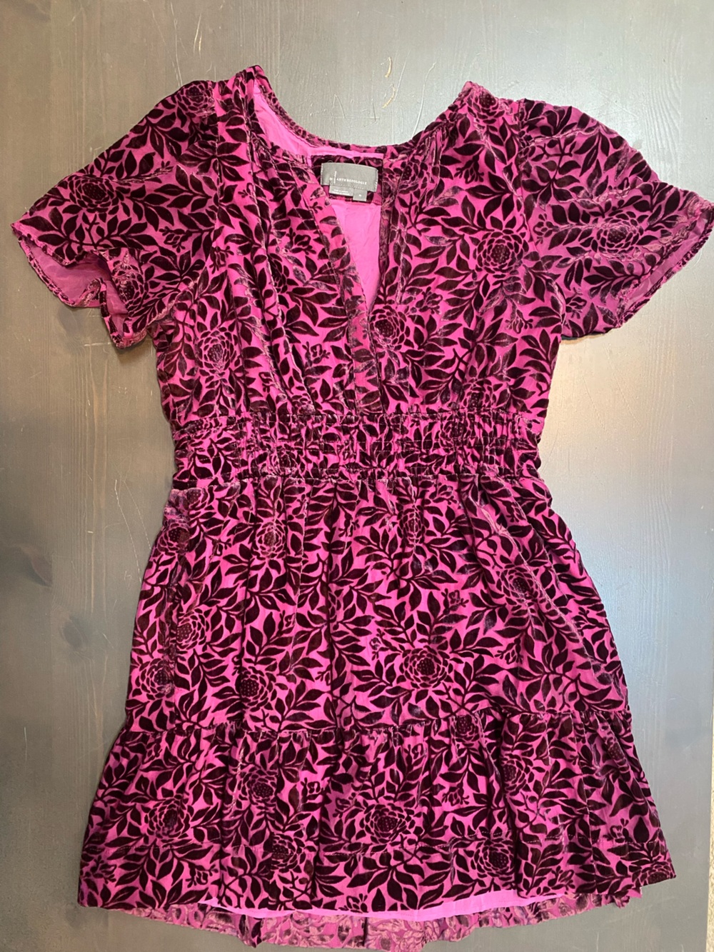 Anthropologie Velvet Burnout Floral Tiered Dress Size M Magenta V-Neck Boho